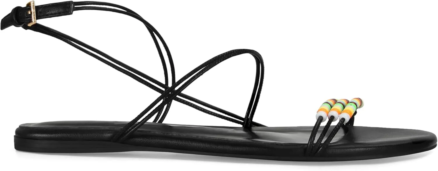 Open Toe Flat Sandals for Women Strappy Beaded Ankle Buckle Summer Beach Dress Sandals Shoes