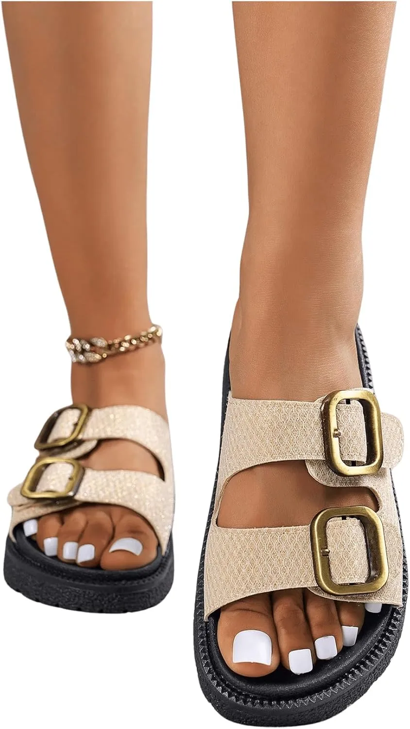 OYOANGLE Women's Adjustable Double Buckle Open Toe Footbed Sandals Comfortable Outdoor Platform Sandals