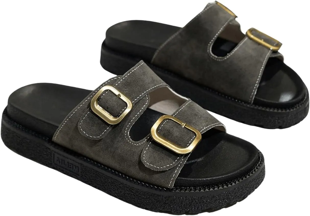 OYOANGLE Women's Adjustable Double Buckle Open Toe Footbed Sandals Comfortable Outdoor Platform Sandals
