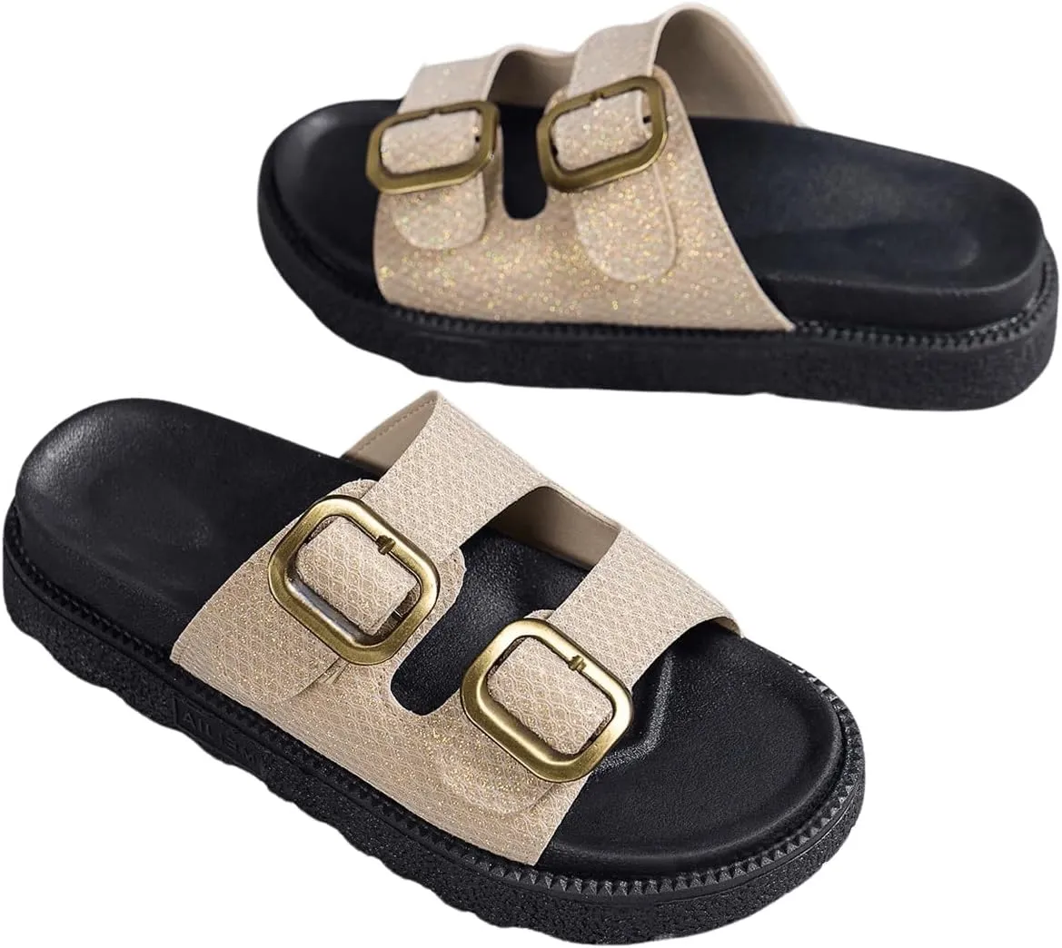 OYOANGLE Women's Adjustable Double Buckle Open Toe Footbed Sandals Comfortable Outdoor Platform Sandals