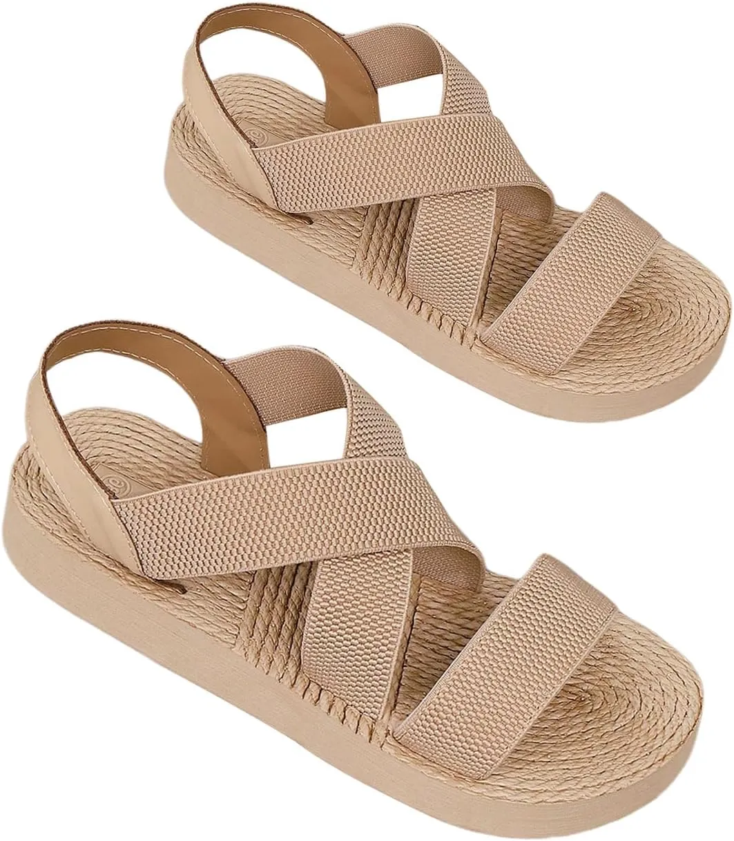 OYOANGLE Women's Criss Cross Band Sandals with Back Strap Open Toe Holiday Flat Sandal