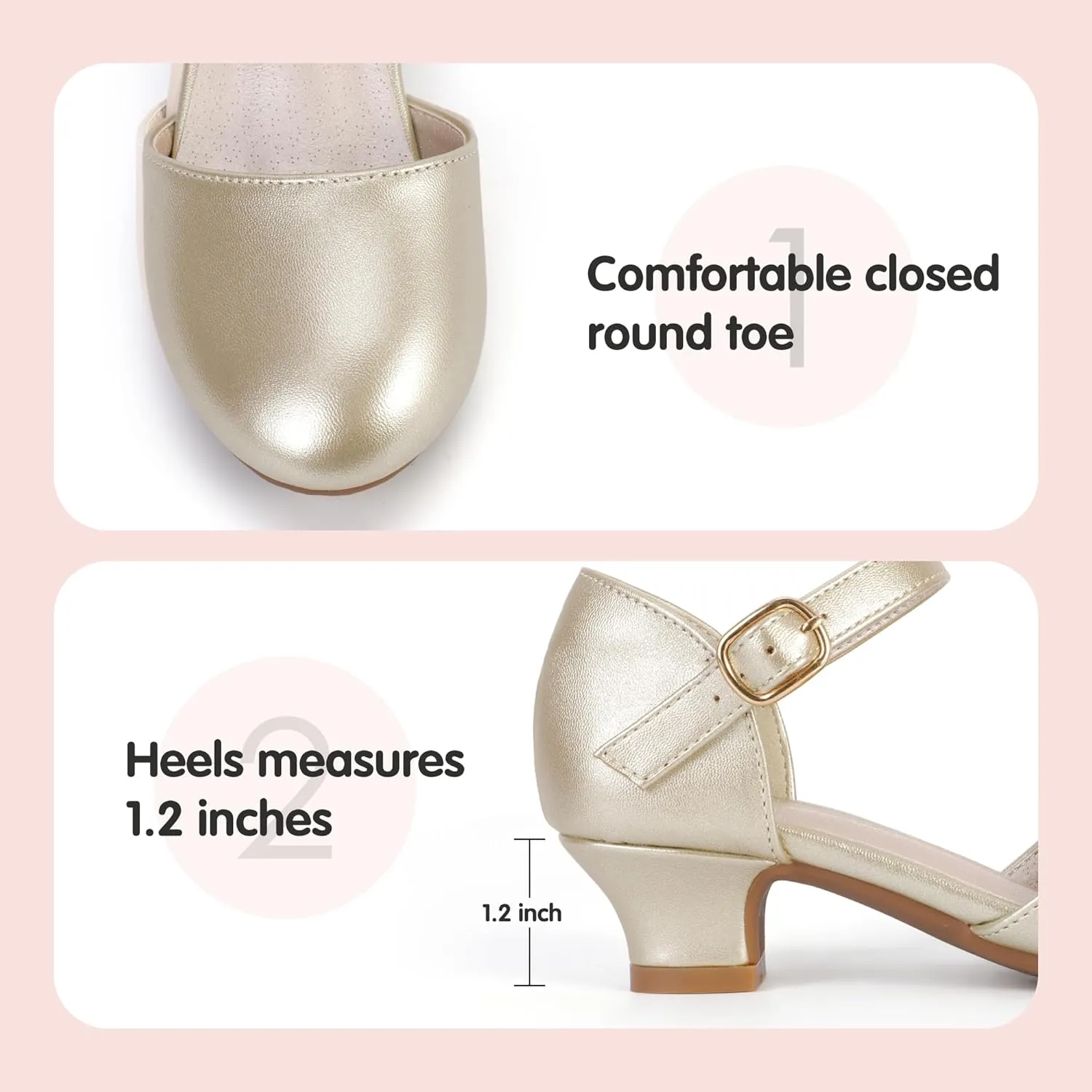 PANDANINJIA Girls Heels Dress Shoes Flower Girl Ankle Strap Closed Toe Toddler Heels Wedding Party Little Big Kids Pump Shoes