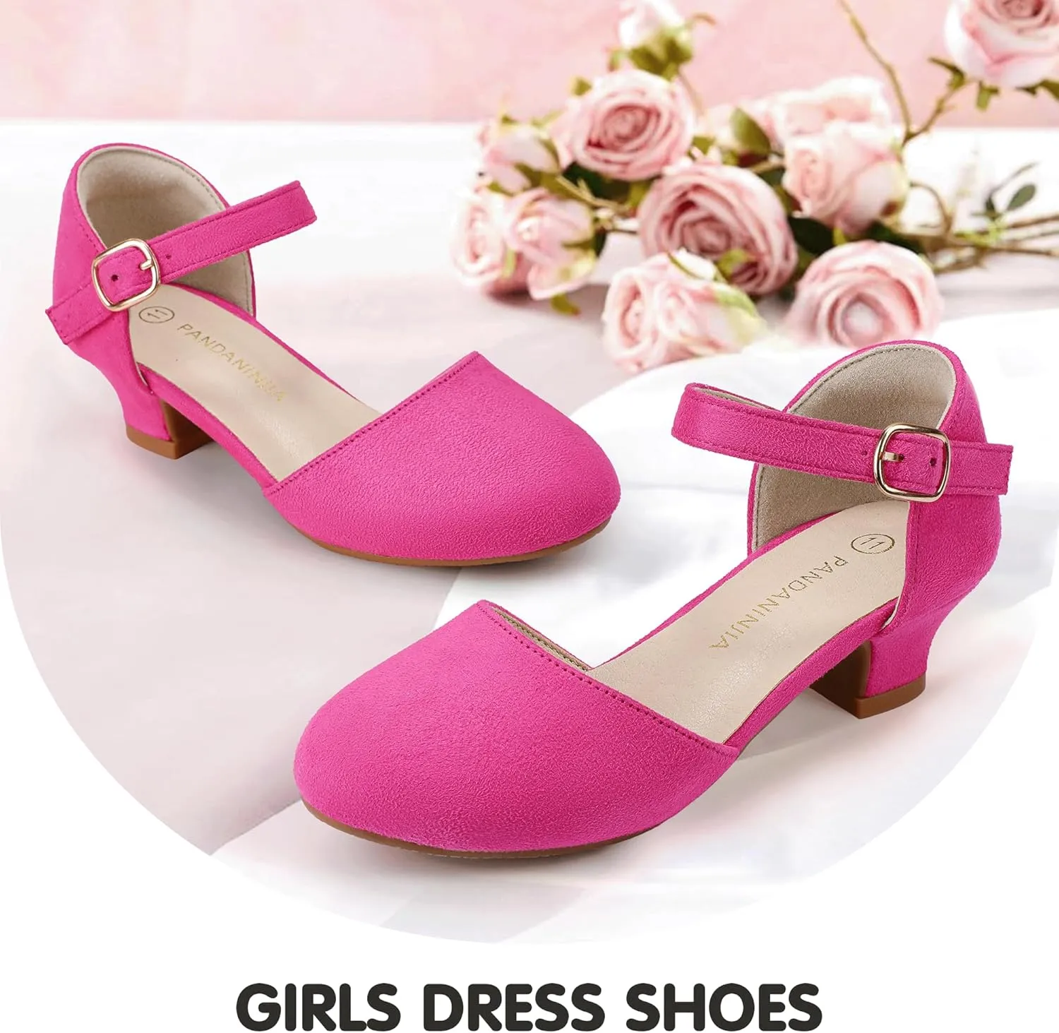 PANDANINJIA Girls Heels Dress Shoes Flower Girl Ankle Strap Closed Toe Toddler Heels Wedding Party Little Big Kids Pump Shoes