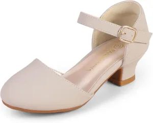 PANDANINJIA Girls Heels Dress Shoes Flower Girl Ankle Strap Closed Toe Toddler Heels Wedding Party Little Big Kids Pump Shoes