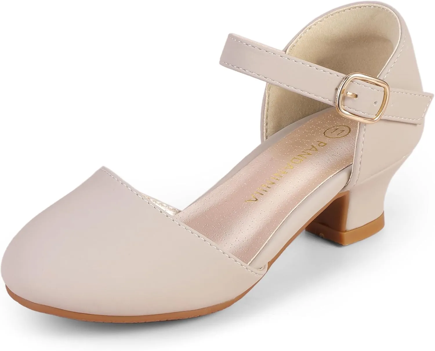 PANDANINJIA Girls Heels Dress Shoes Flower Girl Ankle Strap Closed Toe Toddler Heels Wedding Party Little Big Kids Pump Shoes