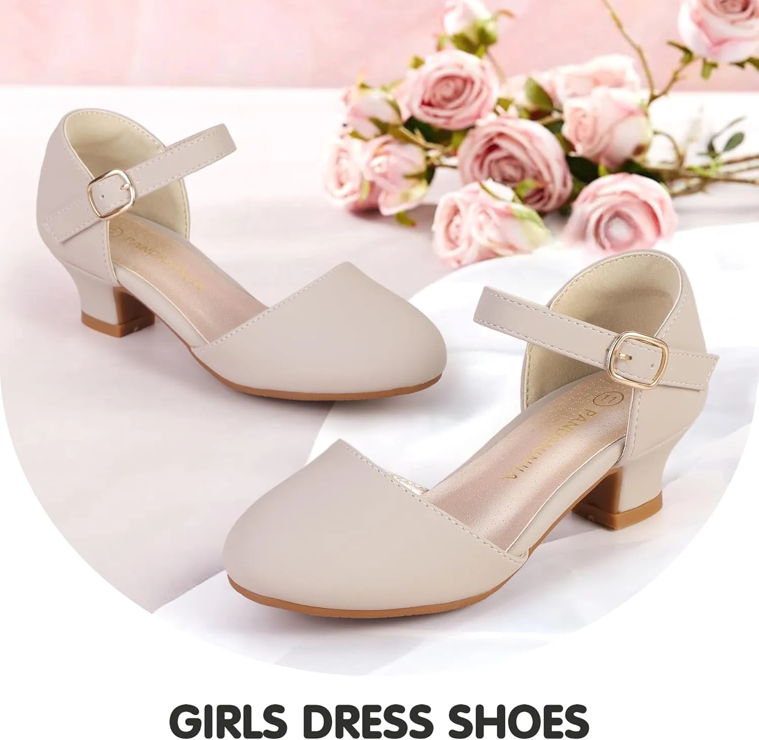 PANDANINJIA Girls Heels Dress Shoes Flower Girl Ankle Strap Closed Toe Toddler Heels Wedding Party Little Big Kids Pump Shoes