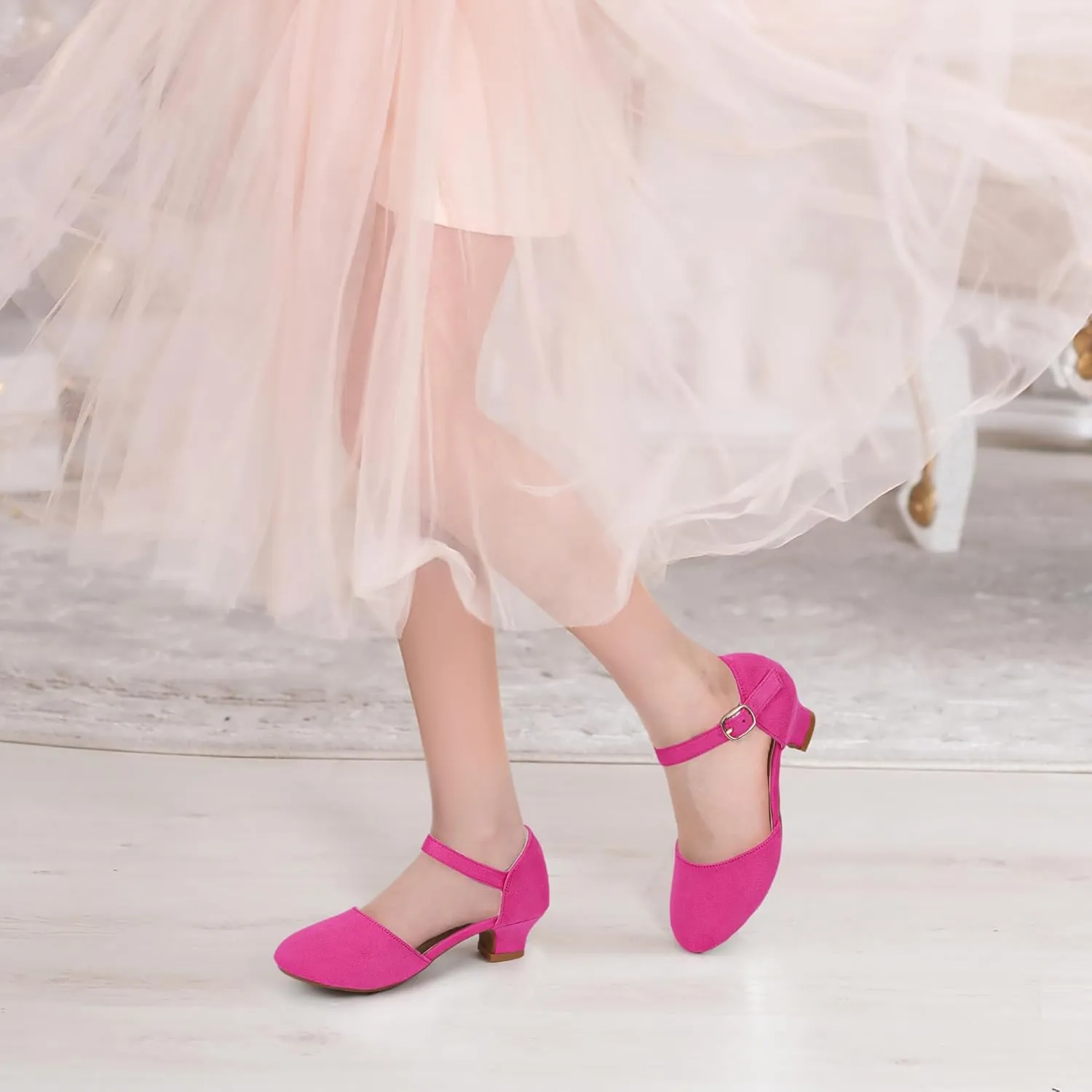 PANDANINJIA Girls Heels Dress Shoes Flower Girl Ankle Strap Closed Toe Toddler Heels Wedding Party Little Big Kids Pump Shoes