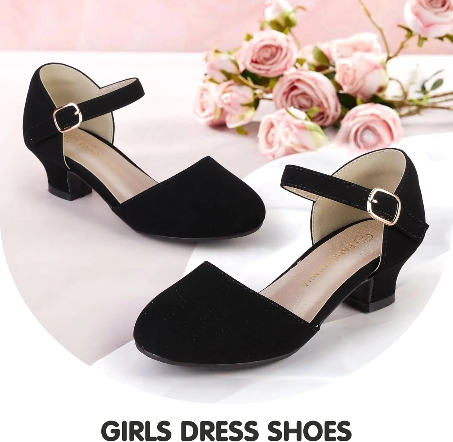 PANDANINJIA Girls Heels Dress Shoes Flower Girl Ankle Strap Closed Toe Toddler Heels Wedding Party Little Big Kids Pump Shoes