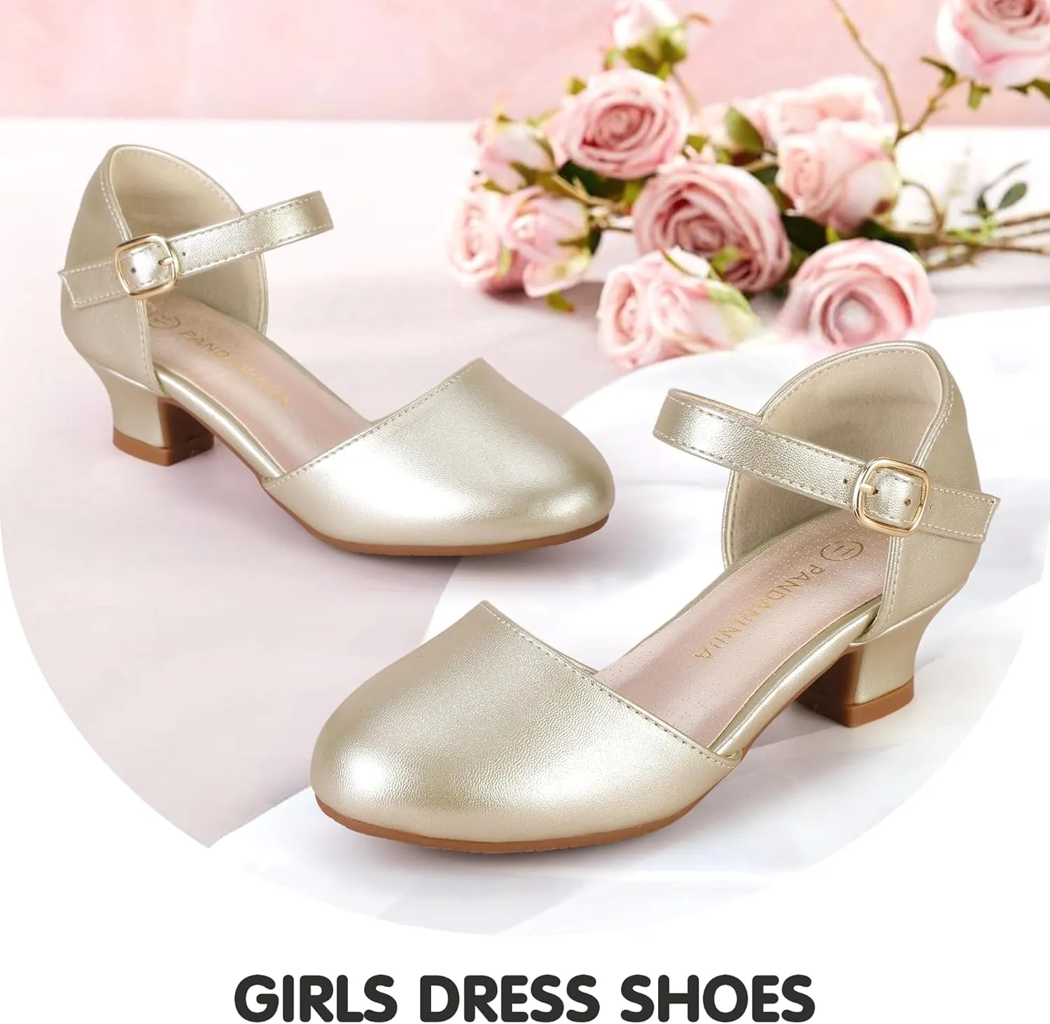 PANDANINJIA Girls Heels Dress Shoes Flower Girl Ankle Strap Closed Toe Toddler Heels Wedding Party Little Big Kids Pump Shoes