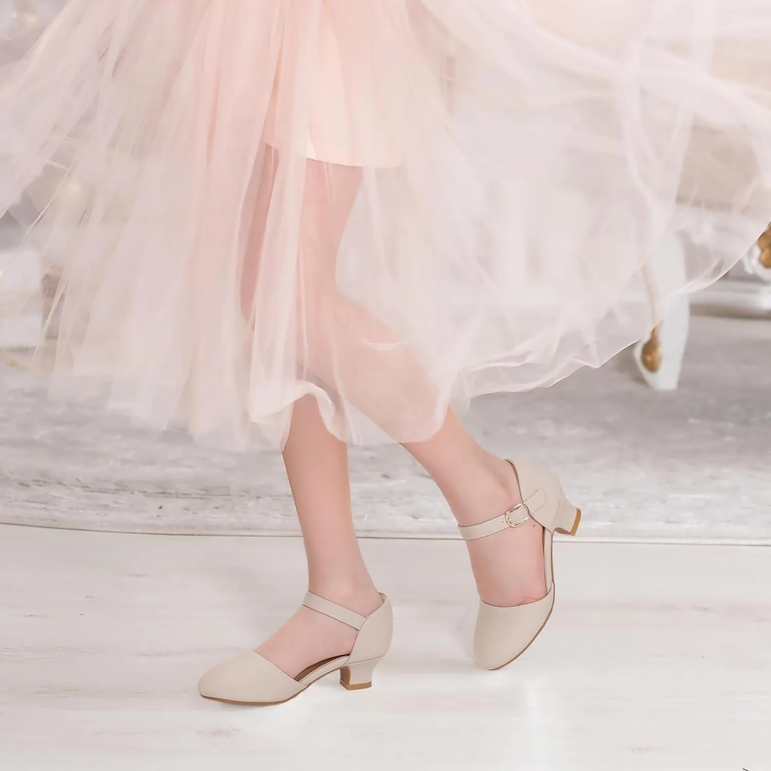 PANDANINJIA Girls Heels Dress Shoes Flower Girl Ankle Strap Closed Toe Toddler Heels Wedding Party Little Big Kids Pump Shoes