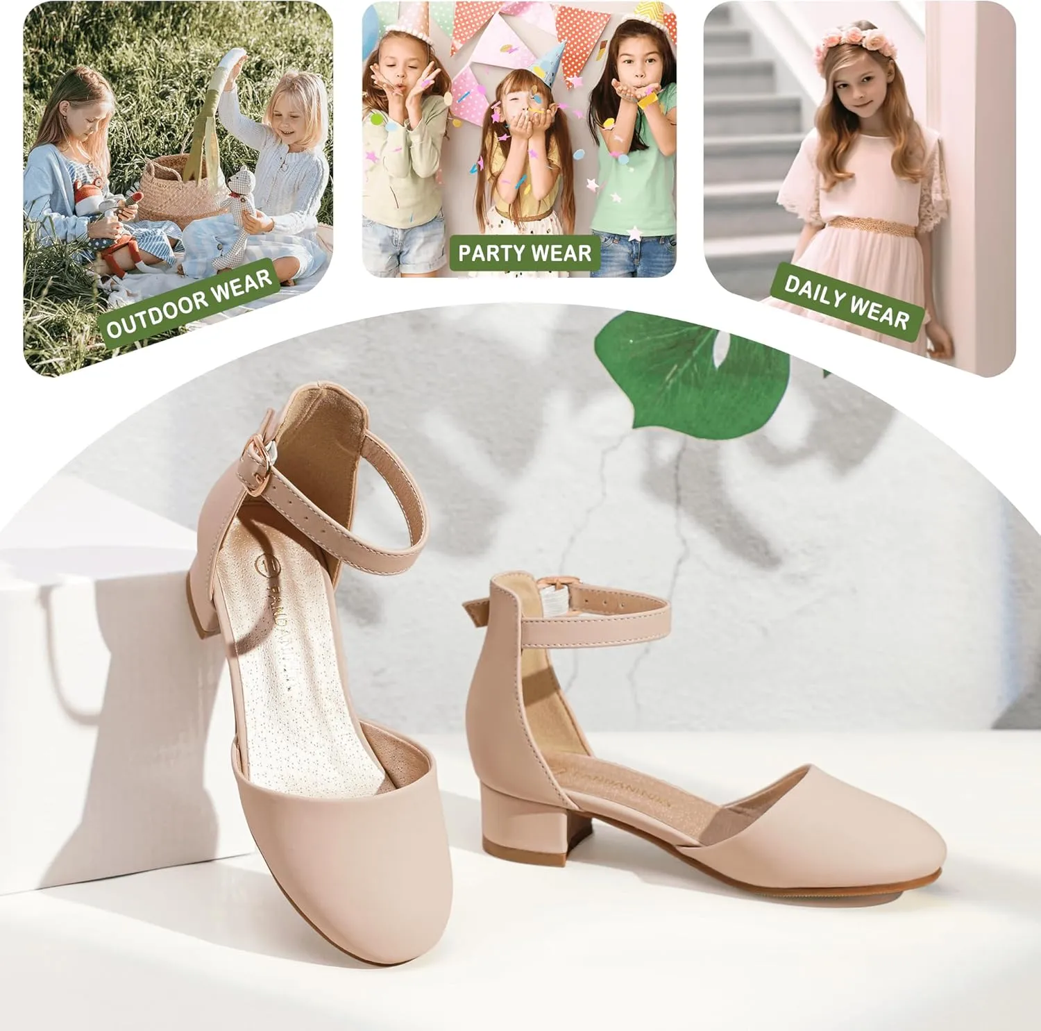 PANDANINJIA Girls Heels Dress Shoes Flower Girl Closed Toe Heels Ankle Strap Wedding Party School Miya Toddler Little Big Kid Pump Shoes