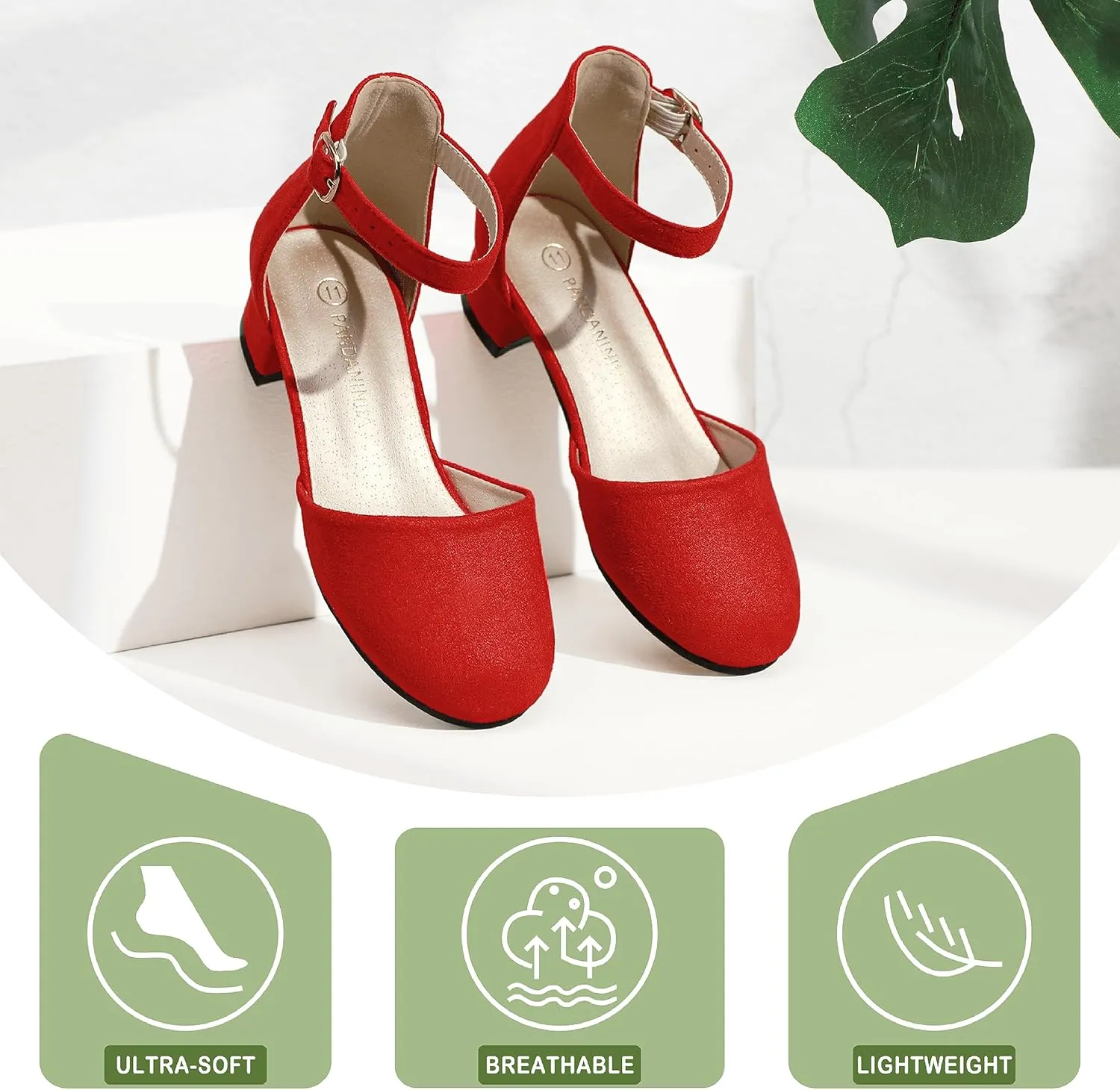 PANDANINJIA Girls Heels Dress Shoes Flower Girl Closed Toe Heels Ankle Strap Wedding Party School Miya Toddler Little Big Kid Pump Shoes