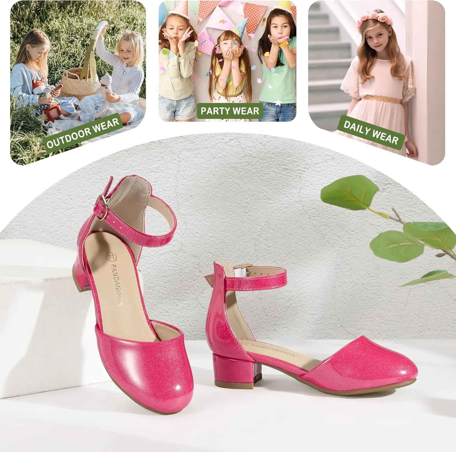 PANDANINJIA Girls Heels Dress Shoes Flower Girl Closed Toe Heels Ankle Strap Wedding Party School Miya Toddler Little Big Kid Pump Shoes