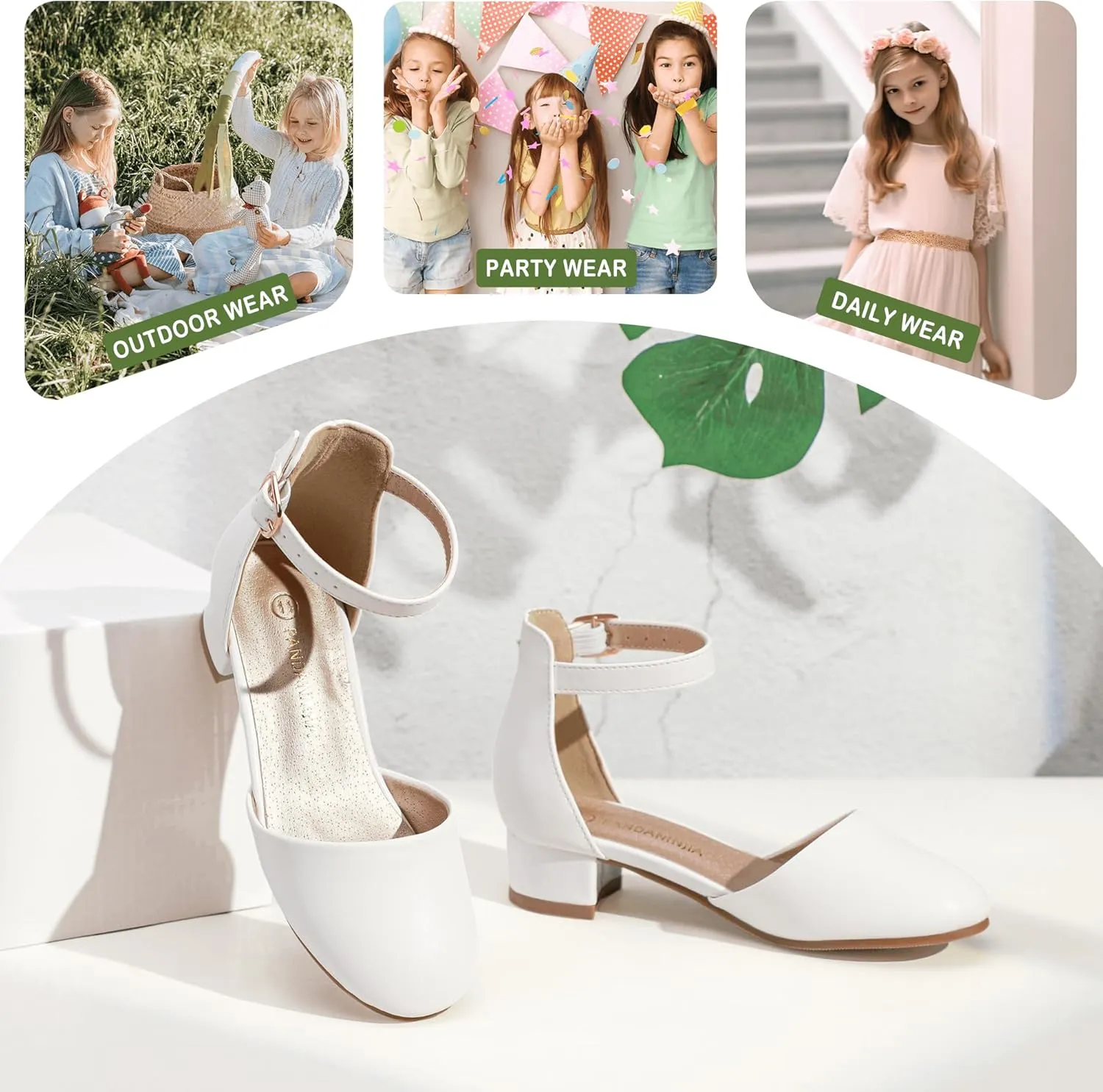PANDANINJIA Girls Heels Dress Shoes Flower Girl Closed Toe Heels Ankle Strap Wedding Party School Miya Toddler Little Big Kid Pump Shoes