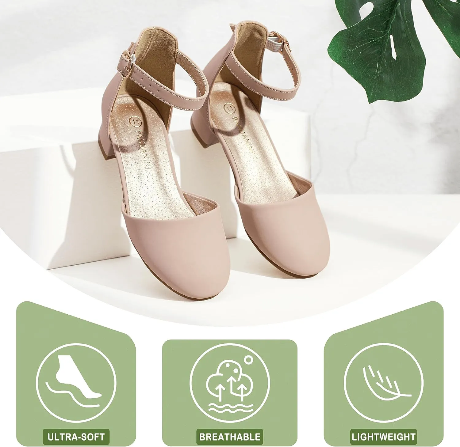 PANDANINJIA Girls Heels Dress Shoes Flower Girl Closed Toe Heels Ankle Strap Wedding Party School Miya Toddler Little Big Kid Pump Shoes