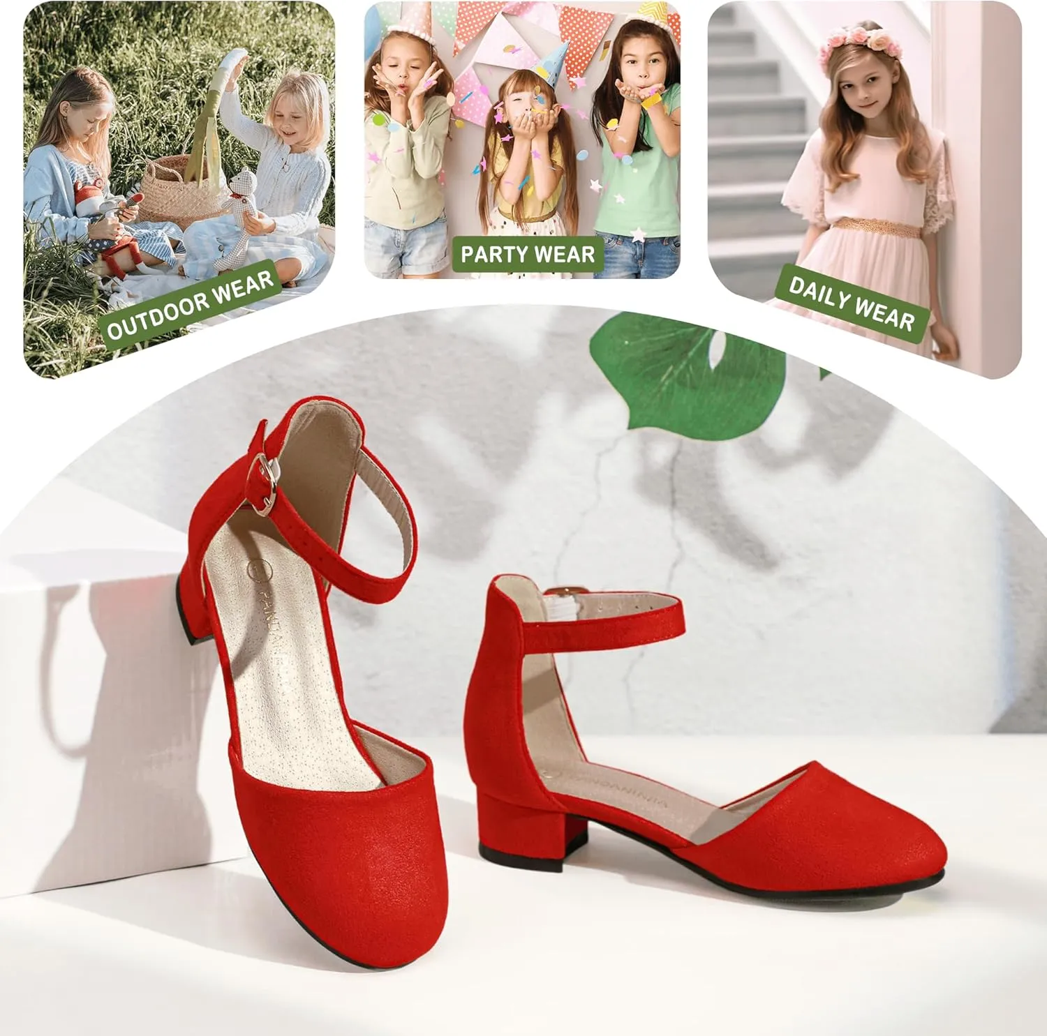 PANDANINJIA Girls Heels Dress Shoes Flower Girl Closed Toe Heels Ankle Strap Wedding Party School Miya Toddler Little Big Kid Pump Shoes