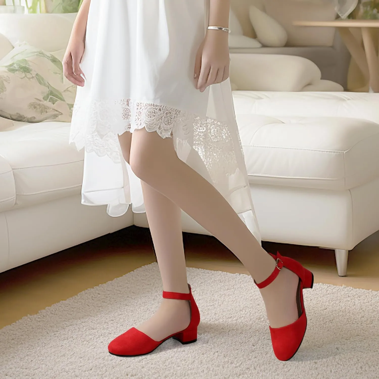 PANDANINJIA Girls Heels Dress Shoes Flower Girl Closed Toe Heels Ankle Strap Wedding Party School Miya Toddler Little Big Kid Pump Shoes