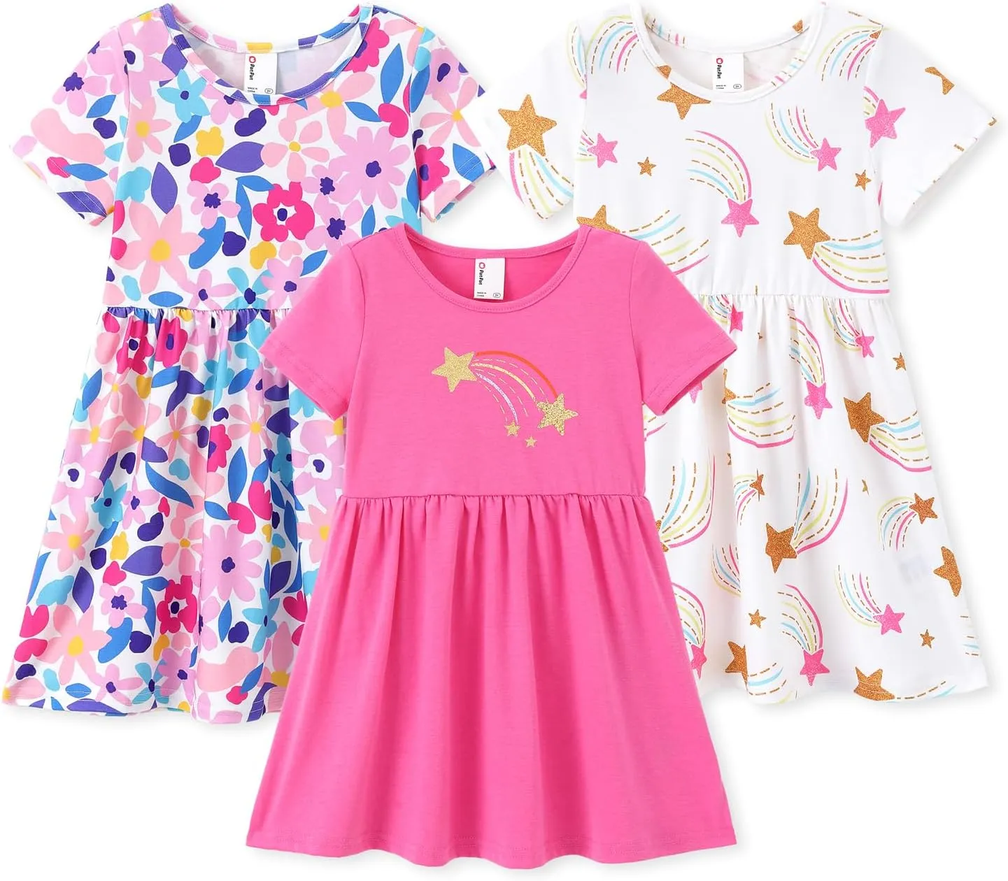 PATPAT Toddler Girl Floral Skater Multipack Dresses 3-Pack Polka Dots Short Sleeve Priness A-line Dress