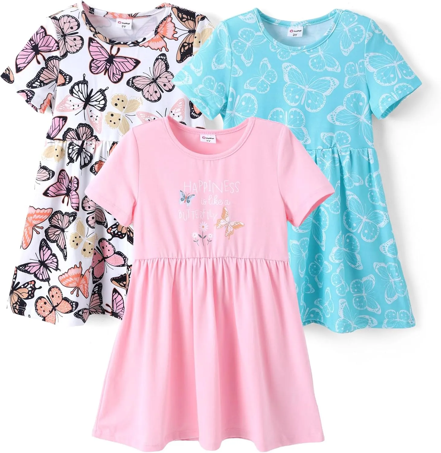 PATPAT Toddler Girl Floral Skater Multipack Dresses 3-Pack Polka Dots Short Sleeve Priness A-line Dress
