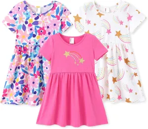 PATPAT Toddler Girl Floral Skater Multipack Dresses 3-Pack Polka Dots Short Sleeve Priness A-line Dress
