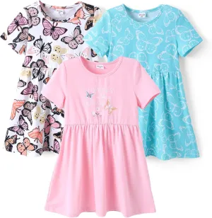 PATPAT Toddler Girl Floral Skater Multipack Dresses 3-Pack Polka Dots Short Sleeve Priness A-line Dress
