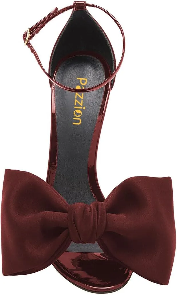 Pazzion Women Graceful Bowknots Open Toe Sandals Skinny Ankle Strap Stiletto High Heel Pumps Sexy Wedding Fancy Ballroom Shoes Size 4-16 US