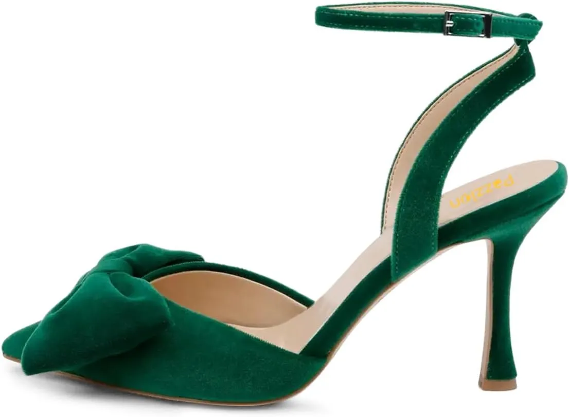 Pazzion Women's Adorable Pointy Toe High Heel Pumps Bows Velvet Strap Buckles Stilettos Sandals Trendy Wedding Prom Shoes Size 4-16 US