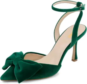 Pazzion Women's Adorable Pointy Toe High Heel Pumps Bows Velvet Strap Buckles Stilettos Sandals Trendy Wedding Prom Shoes Size 4-16 US