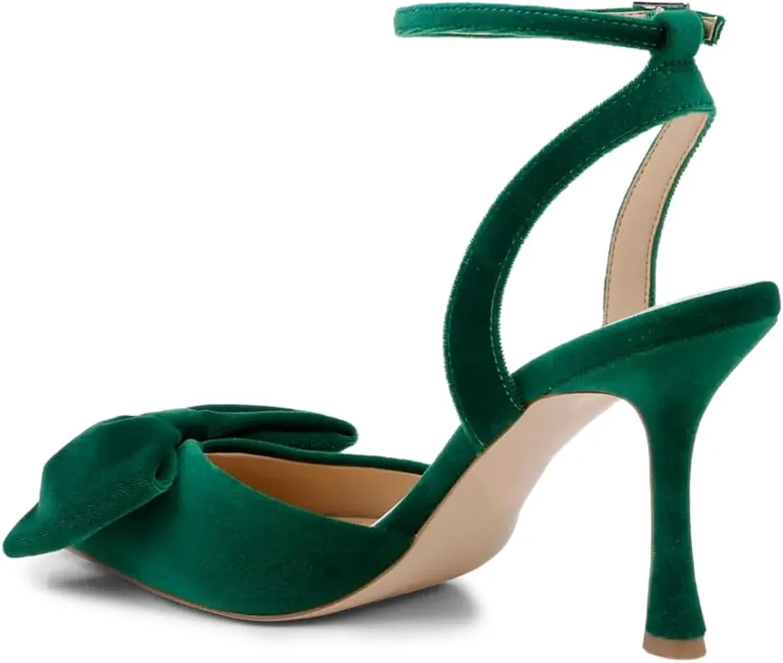 Pazzion Women's Adorable Pointy Toe High Heel Pumps Bows Velvet Strap Buckles Stilettos Sandals Trendy Wedding Prom Shoes Size 4-16 US