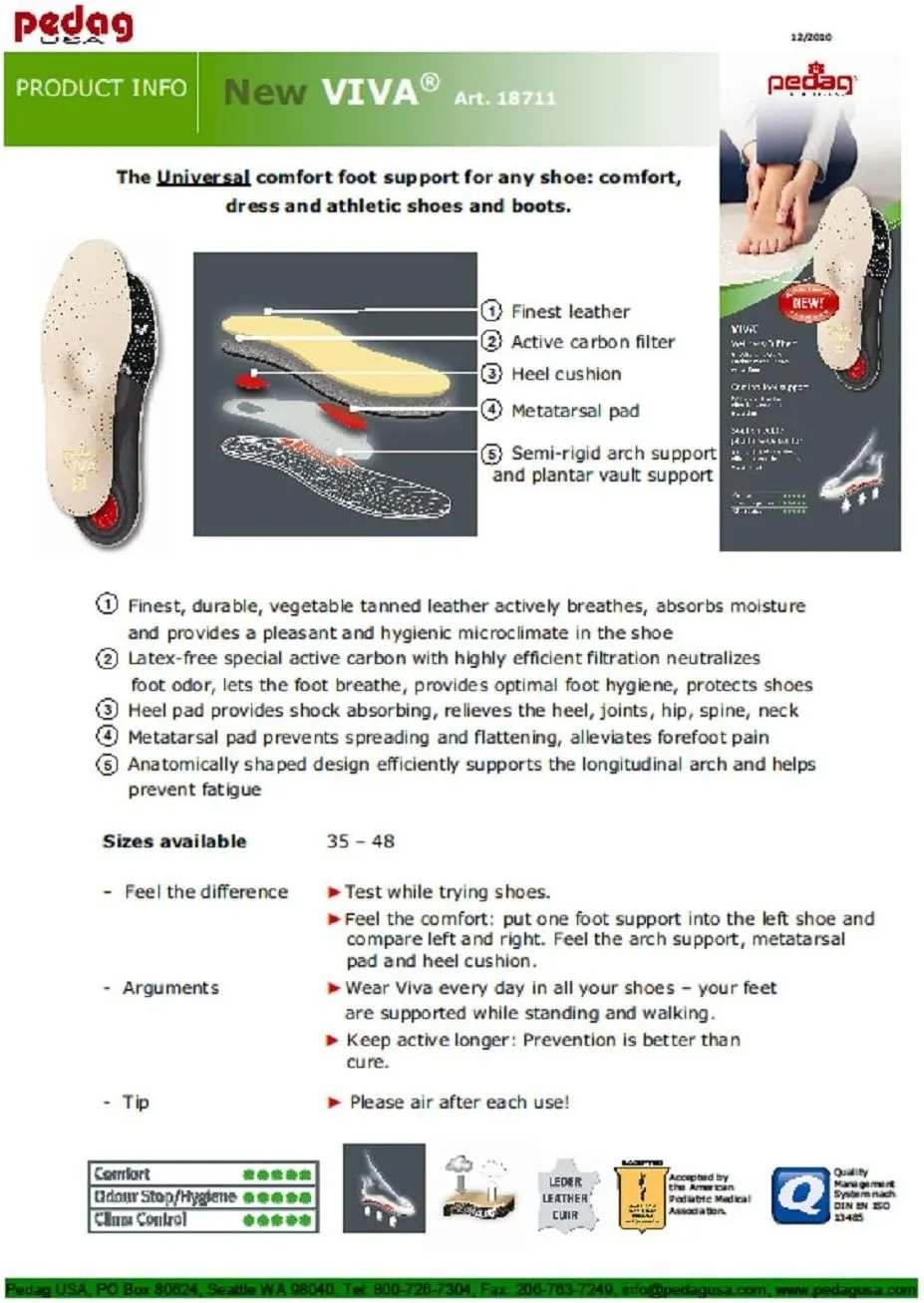 Pedag Viva | Leather Arch Support Inserts | Handmade in Germany | Plantar Fasciitis Relief | Heel Cushion | Activated Charcoal for Odor | Metatarsal Pad | Tan | Women US 12/ Men 9/ EU 42
