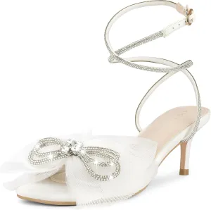 Perphy Sparkly Bow Rhinestone Kitten Heels Sandals for Women