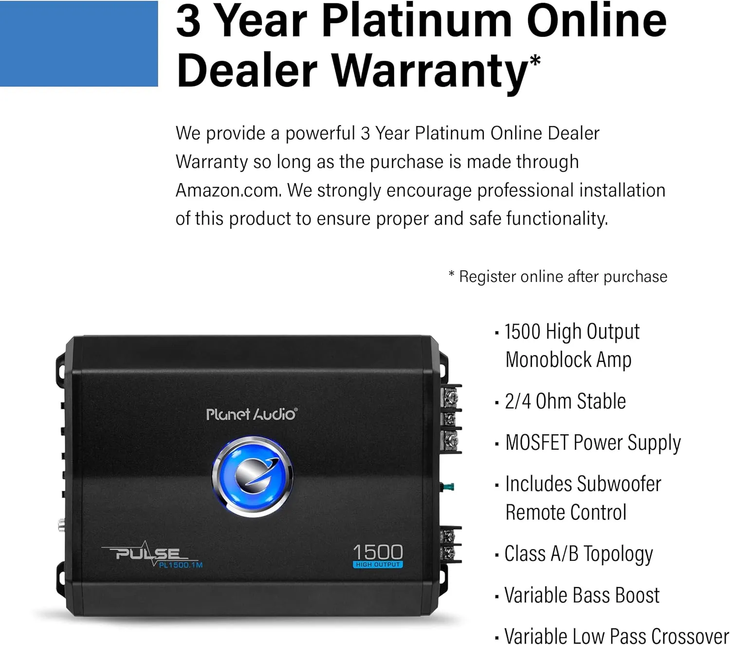 Planet Audio PL1500.1M Monoblock Car Amplifier - 1500 Watts, 2/4 Ohm Stable, Class A/B, Mosfet Power Supply