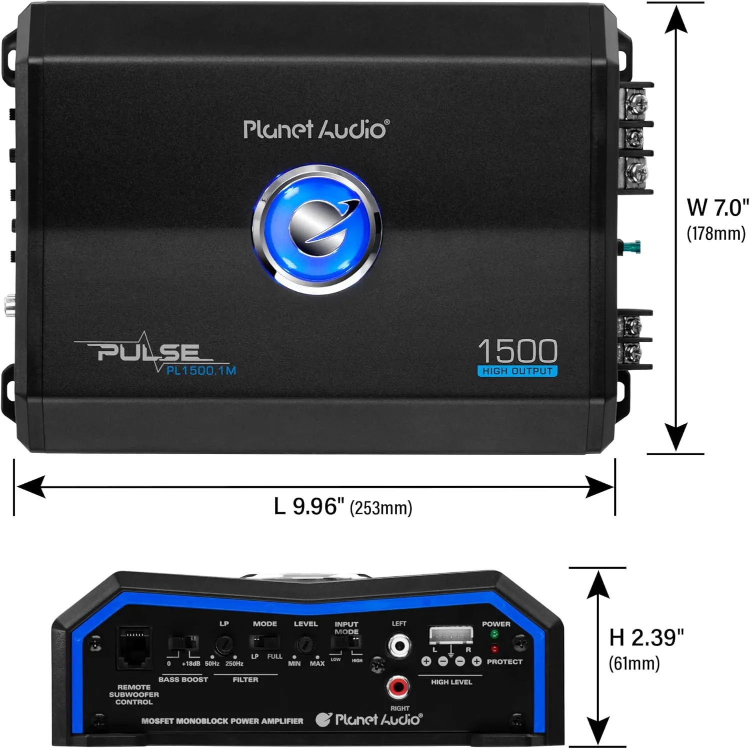 Planet Audio PL1500.1M Monoblock Car Amplifier - 1500 Watts, 2/4 Ohm Stable, Class A/B, Mosfet Power Supply