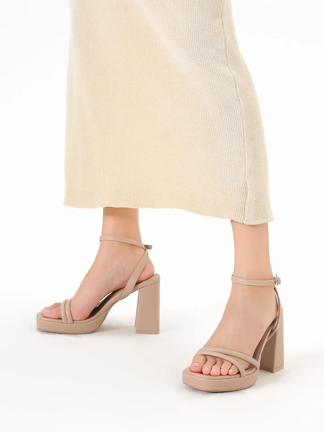 Platform Heels for Women Block Chunky Strappy Heels Square Toe Ankle Buckle Sandals