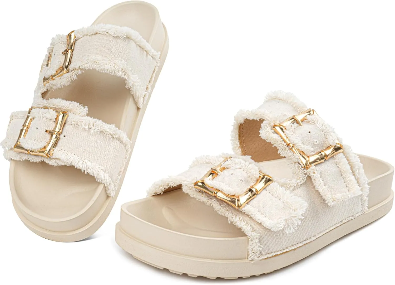 Platform Sandals Women,Womens Sandals-Studded Silde Sandals-Double Buckle Adjustable-Beach Sandals for Women-Flat Sandals Summer Vacation
