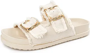 Platform Sandals Women,Womens Sandals-Studded Silde Sandals-Double Buckle Adjustable-Beach Sandals for Women-Flat Sandals Summer Vacation