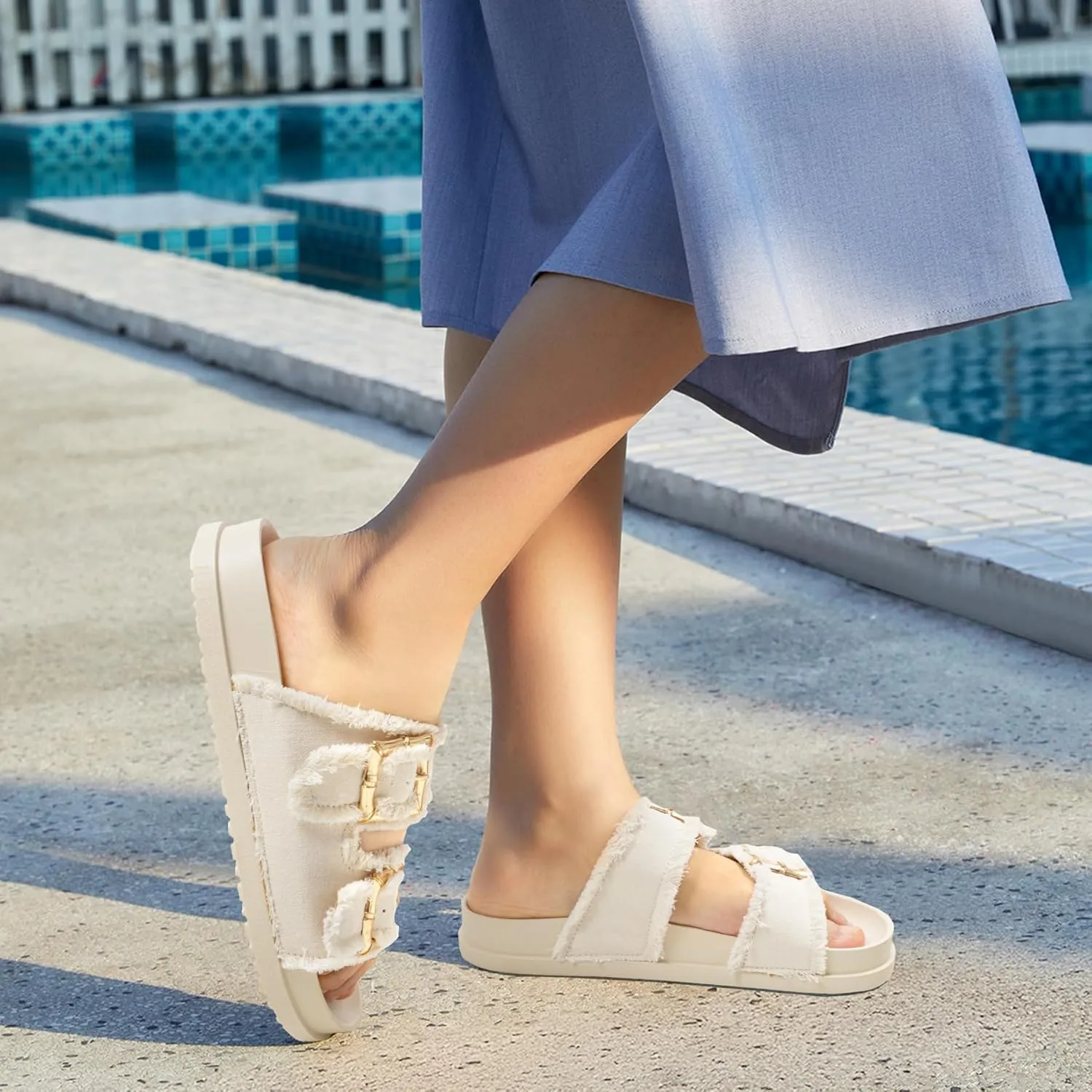 Platform Sandals Women,Womens Sandals-Studded Silde Sandals-Double Buckle Adjustable-Beach Sandals for Women-Flat Sandals Summer Vacation