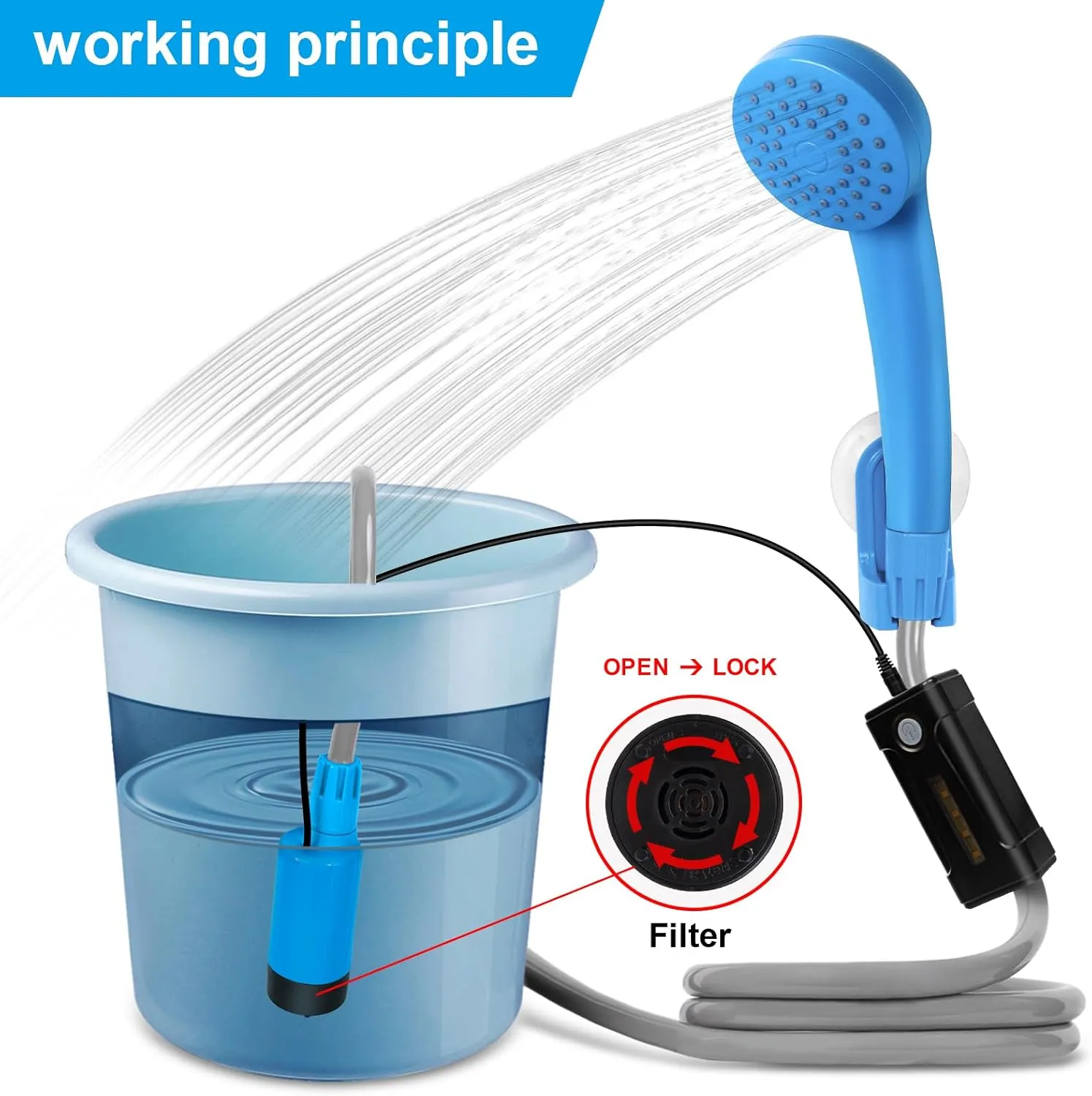 Portable Outdoor Shower with LED Lighting, Battery-Driven Pump for Beaches, Camping, Gardens & Hiking