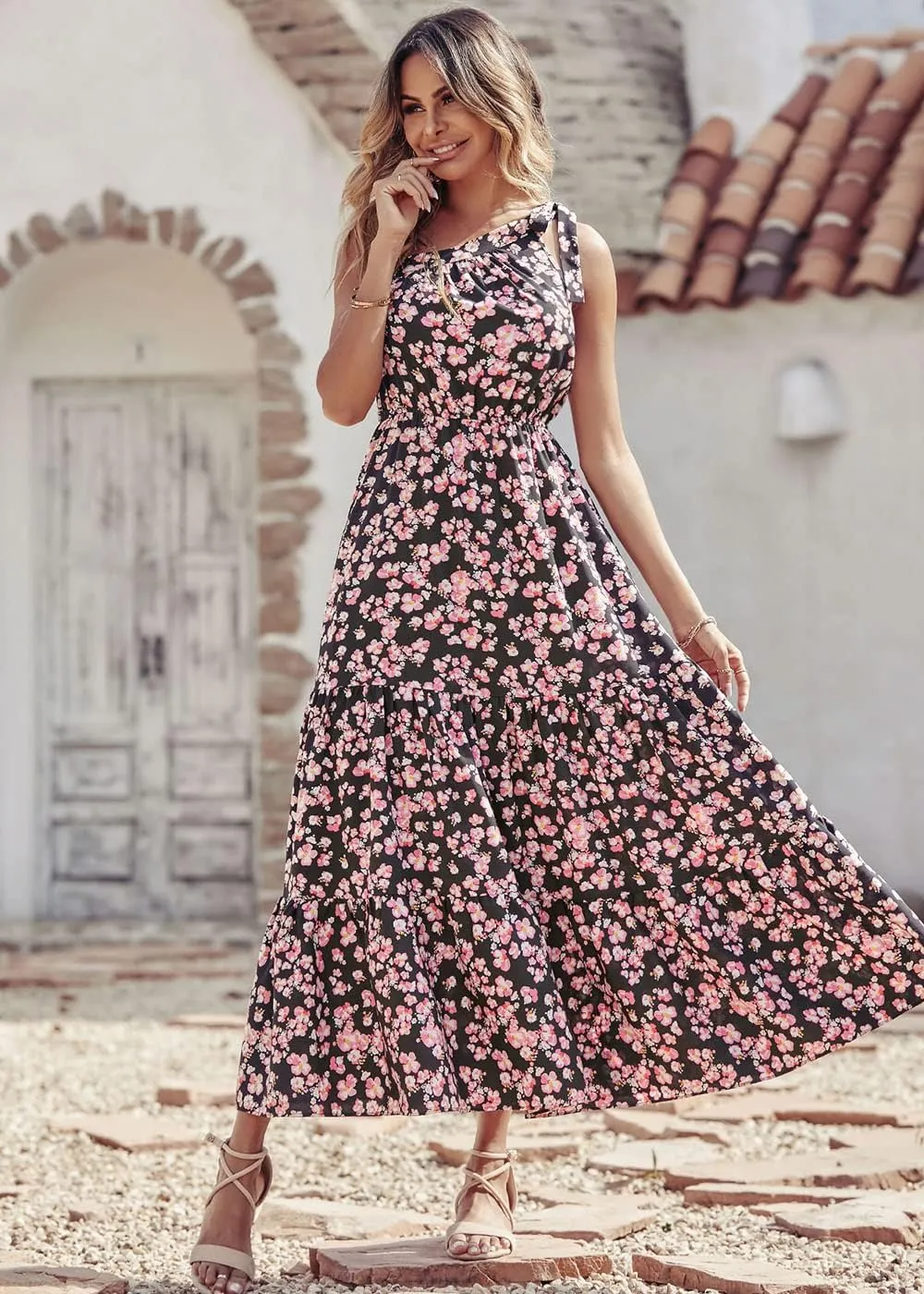 PRETTYGARDEN Women's Summer Floral One Shoulder Maxi Dress Knot Ruffle Boho Beach Vacation Wedding Guest Long Dresses