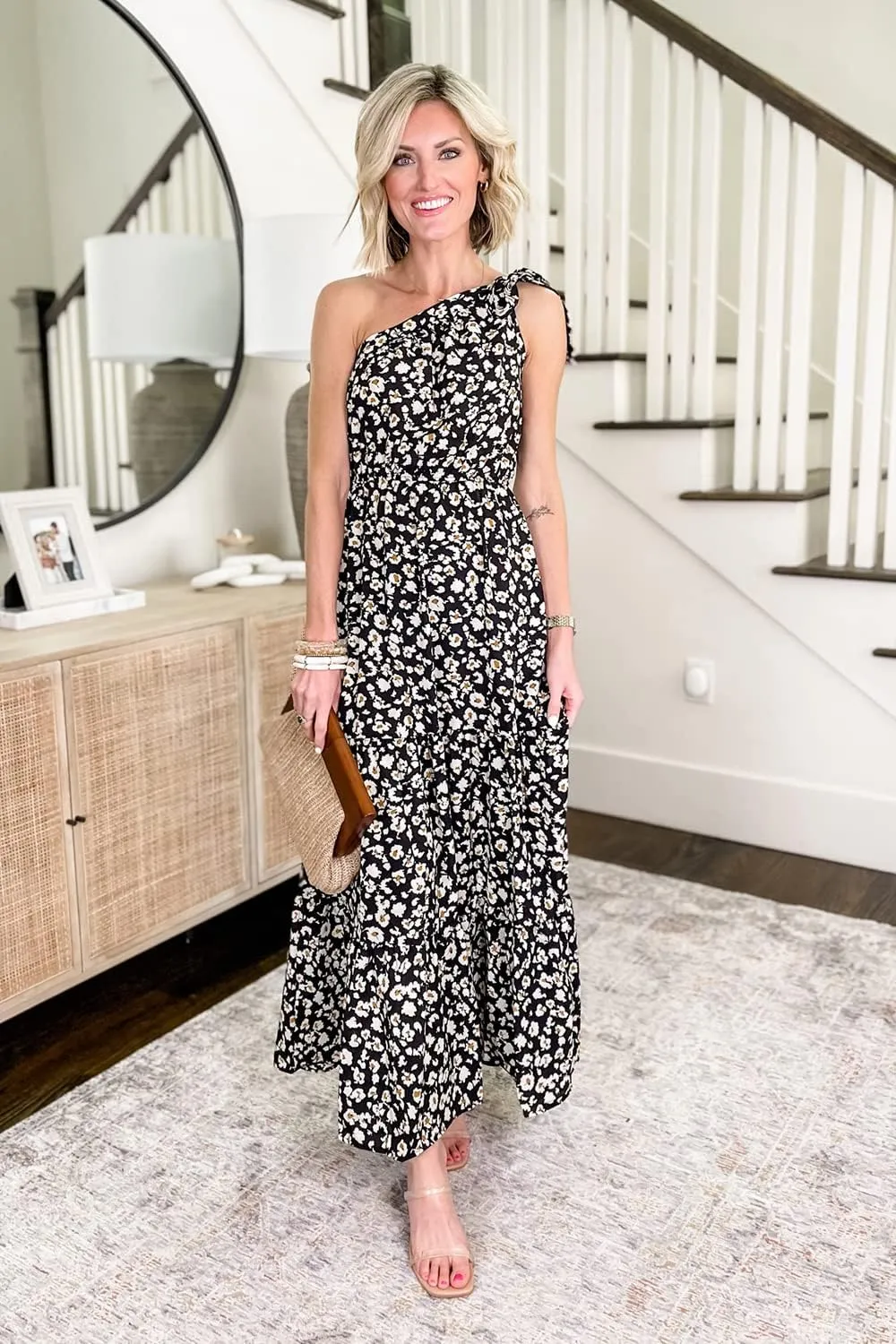 PRETTYGARDEN Women's Summer Floral One Shoulder Maxi Dress Knot Ruffle Boho Beach Vacation Wedding Guest Long Dresses