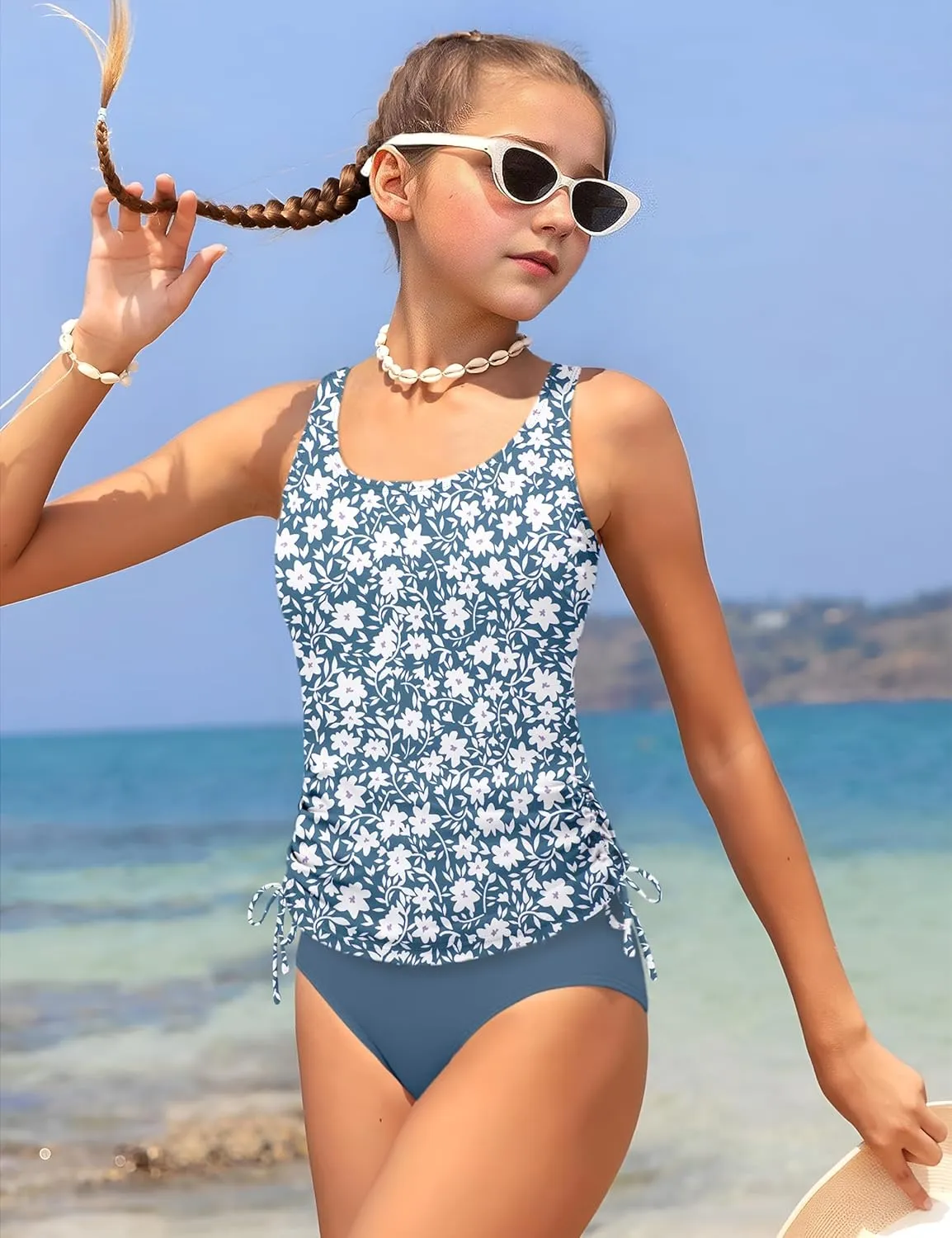 Qaoerde Girls Swimsuit Two Piece Girls Tankini Swimsuit Drawstring Printed Bathing Suit Ruched Swimwear Set 9-16 Years