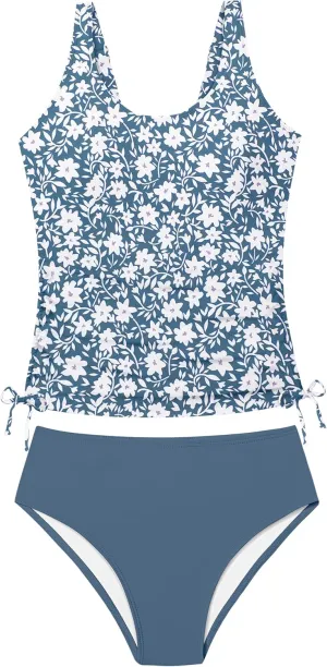 Qaoerde Girls Swimsuit Two Piece Girls Tankini Swimsuit Drawstring Printed Bathing Suit Ruched Swimwear Set 9-16 Years