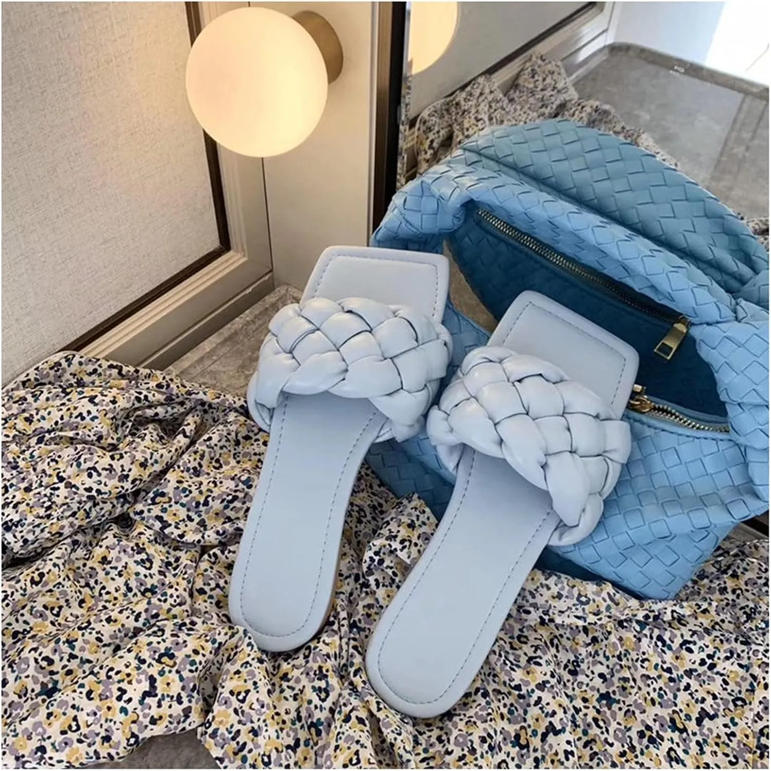 QMFUR Women Square Toe Flat Sandals Woven Leather Slippers Beach slides