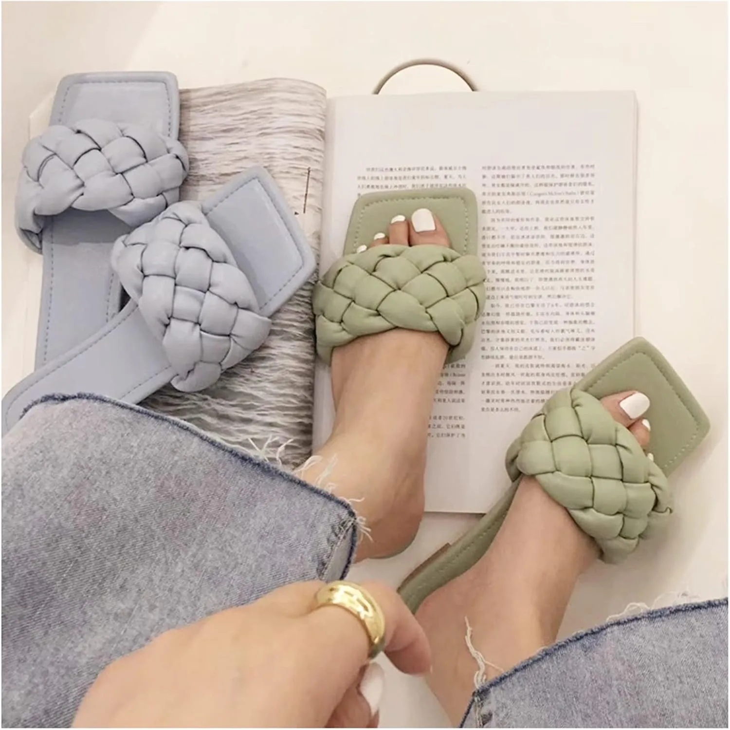 QMFUR Women Square Toe Flat Sandals Woven Leather Slippers Beach slides