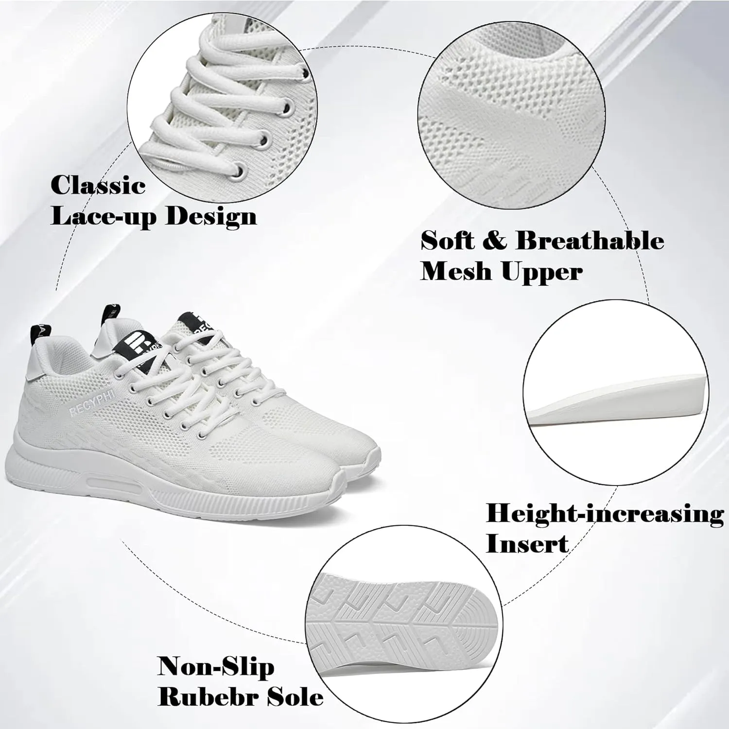Recyphi Men's Invisible Height Increasing Elevator Shoes Lightweight Sport Shoes Height-Boosting Fashion Sneakers 2.4'' Taller