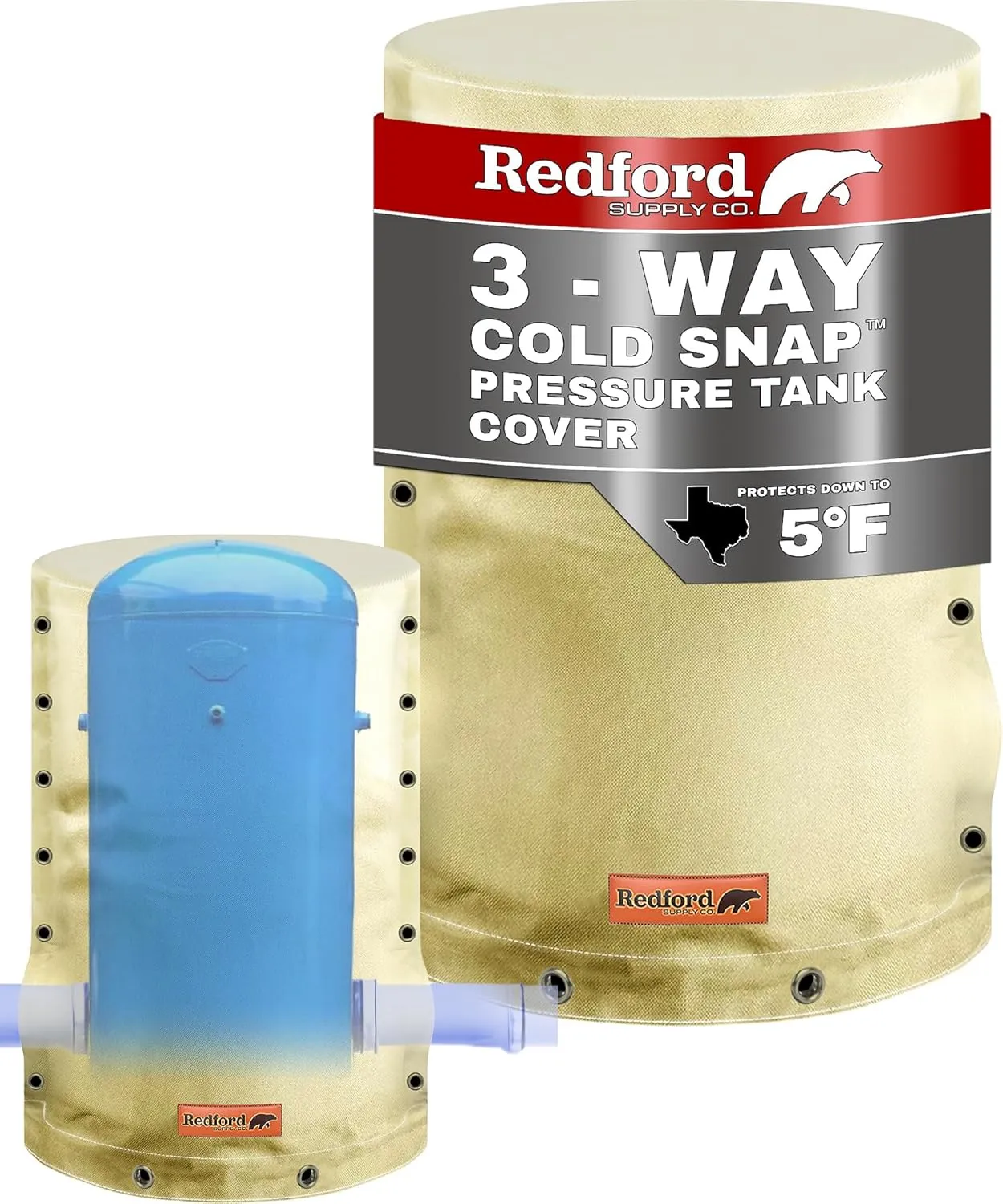 Redford Supply Co. Cold Snap (5°F) Round Pressure Tank Cover Insulation, 3-Way Round, 20"Diameter x 34"H, Water Well Tank Covers Insulated, Well Pump Cover Insulated Freeze Proof, for Winter (Beige)