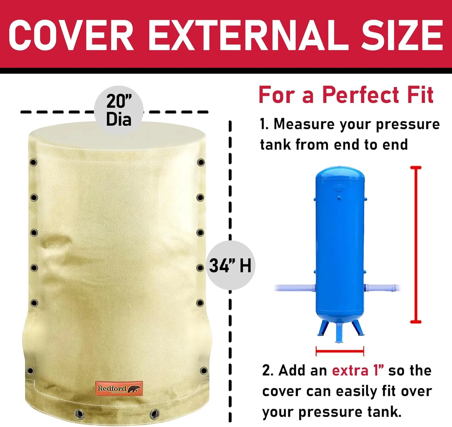 Redford Supply Co. Cold Snap (5°F) Round Pressure Tank Cover Insulation, 3-Way Round, 20"Diameter x 34"H, Water Well Tank Covers Insulated, Well Pump Cover Insulated Freeze Proof, for Winter (Beige)