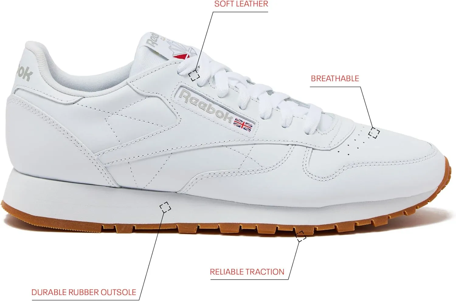 Reebok Classic Leather Sneakers for Men - Black or White Tennis Mens Shoes Size 6 to 18