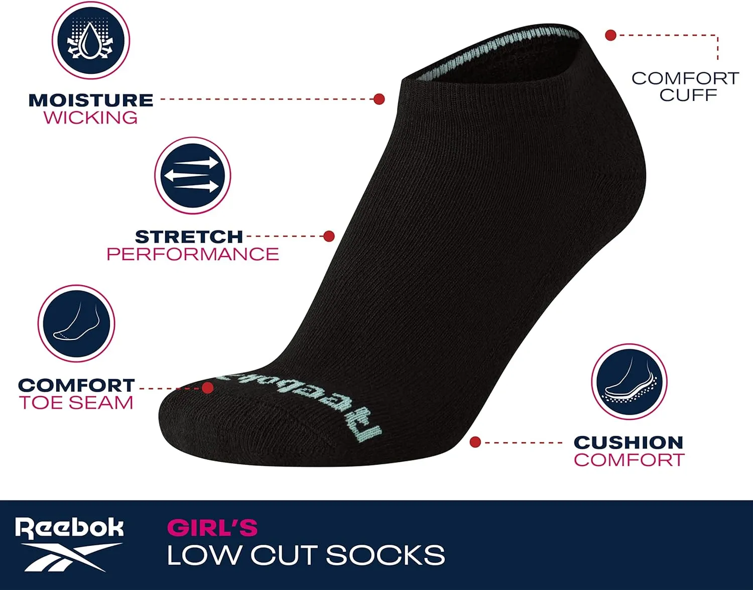 Reebok Girls' 12 Pack Performance Cushion Comfort No Show Socks - Breathable Active Socks for Girls (4-10) - Pink