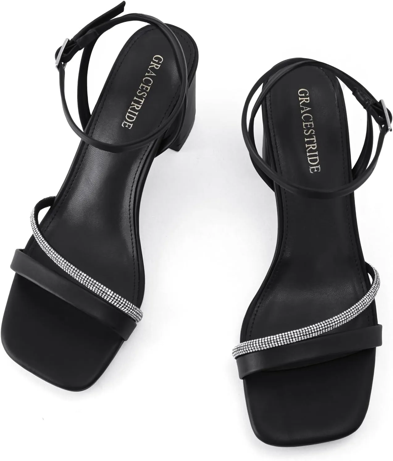 Rhinestone Strappy Heels for Women Square Toe Chunky Block Heels Ankle Buckle Heeled Sandals